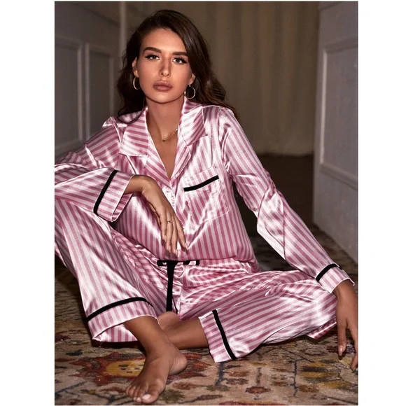 Satin Pink Stripes 2 Piece Pajamas Set - Picture 1 of 12